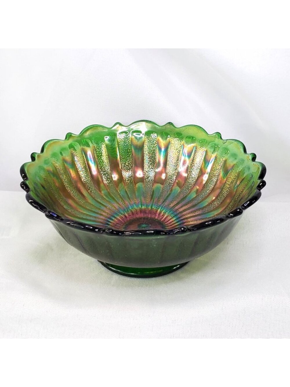 Fenton Green Carnival Glass Bowl With Scalloped Rim Iridescent 5.5" Diameter MCM